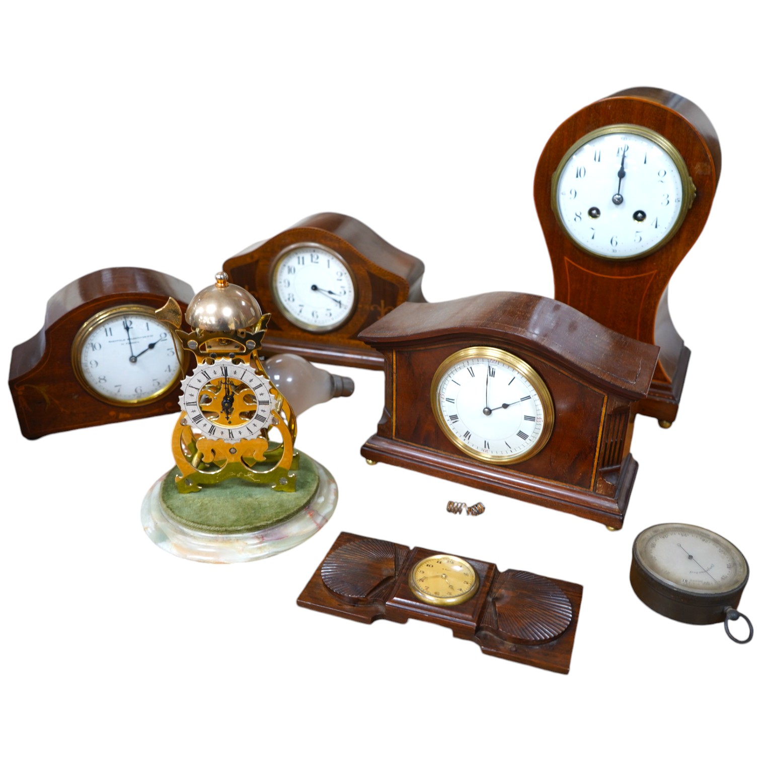 Sundry items to include four Edwardian inlaid mantel clocks, a barometer and a skeleton clock (7). Condition - mostly fair, untested